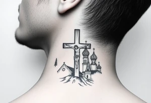 Traditional orthodox ICXC Christian cross with an orthodox Jesus Christ on the cross in a wilderness Russian Kremlin setting tattoo idea