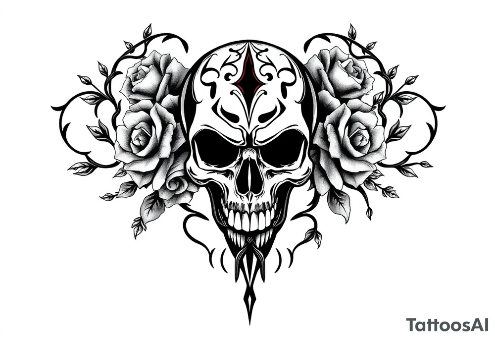 gothic skull intertwined with climbing roses and thorny vines tattoo idea