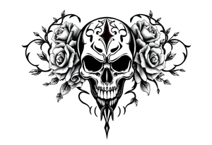 gothic skull intertwined with climbing roses and thorny vines tattoo idea