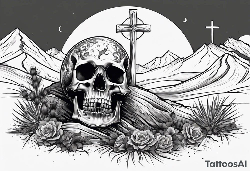 skeleton crawling towards a cross in a desert tattoo idea