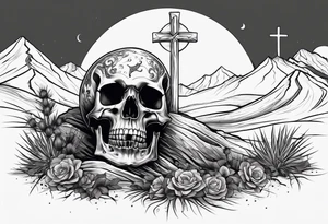 skeleton crawling towards a cross in a desert tattoo idea