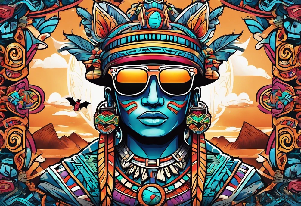 Colorful Mayan hieroglyph wearing sunglasses with bats and water tattoo idea