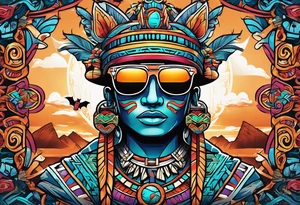 Colorful Mayan hieroglyph wearing sunglasses with bats and water tattoo idea