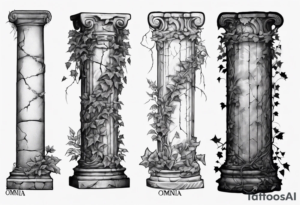 Half of a roman pillar with the word "OMNIA" inscribed on the top. It has cracks in the middle and overgrown ivy at the bottom. It is turned 20 degrees to the right. tattoo idea