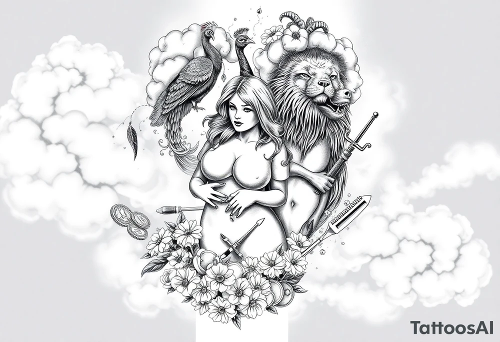 Storm clouds, pig, peacock , fat sexy naked fat woman, cupcakes, noose , money, goat, lion, man and girl having sex, cigerette, drugs, coins, storm lightening, killing, darkness, mirror, razor , knife, inside clouds tattoo idea