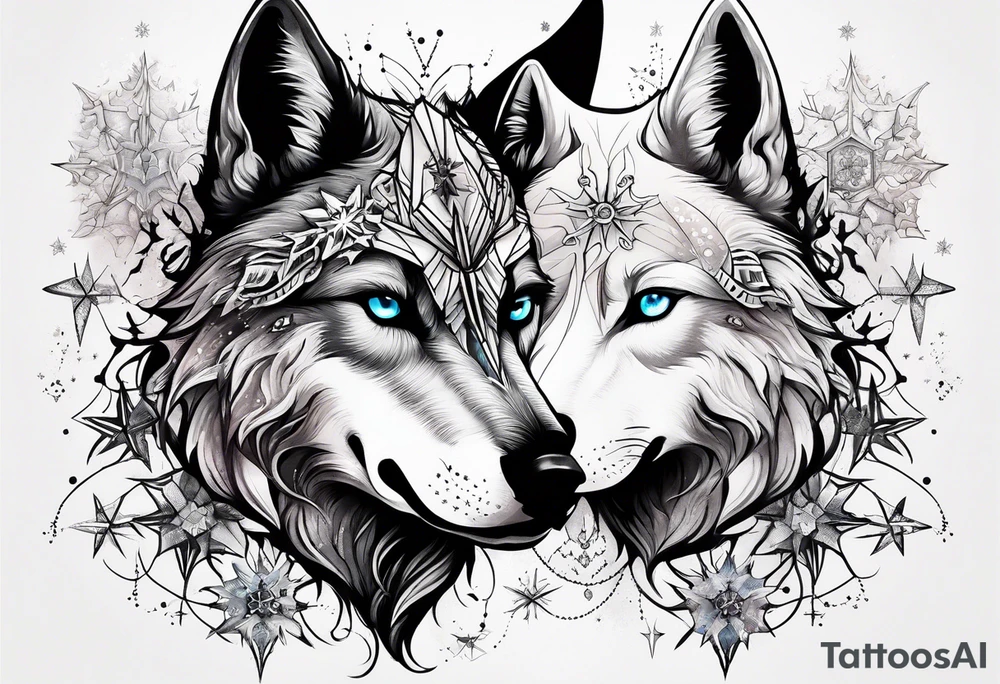 Constellation, two animal alien wolf, snowflake tattoo idea