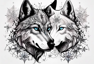 Constellation, two animal alien wolf, snowflake tattoo idea