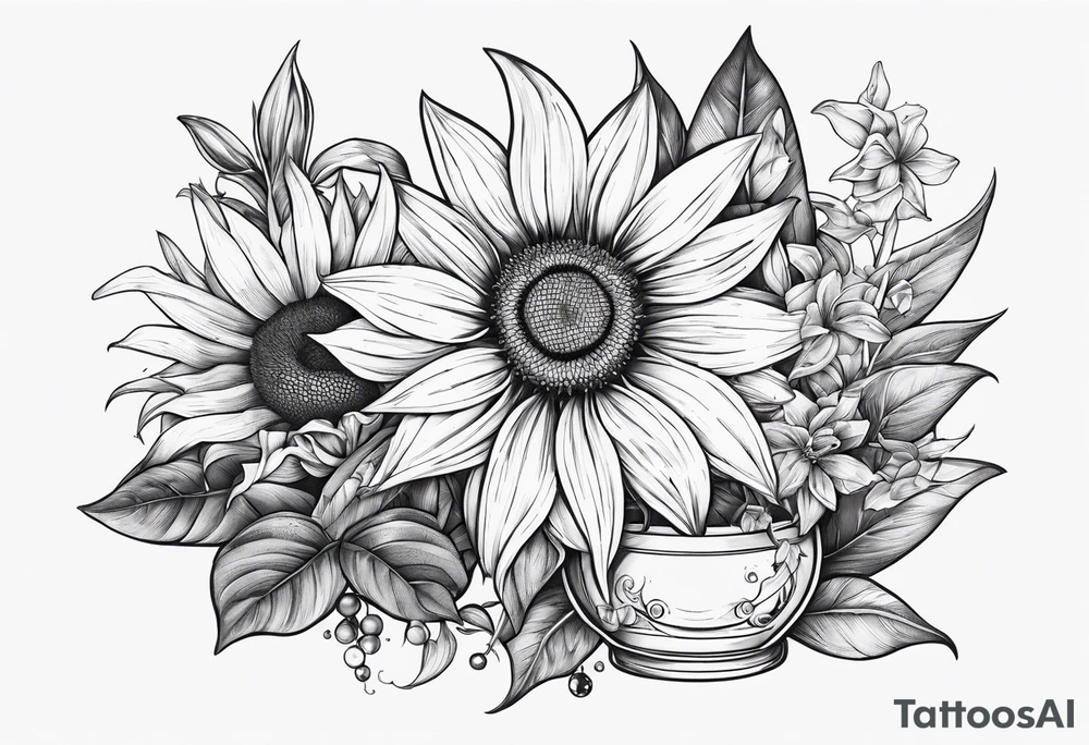Small cluster containing a sunflower, lily, pot leaf, and a jewel tattoo idea
