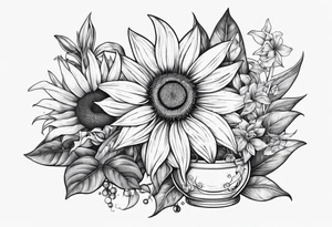 Small cluster containing a sunflower, lily, pot leaf, and a jewel tattoo idea