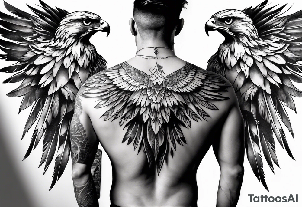 Hawk wings across male upper back and shoulders with detailed feathers, extending a few inches down each arm tattoo idea