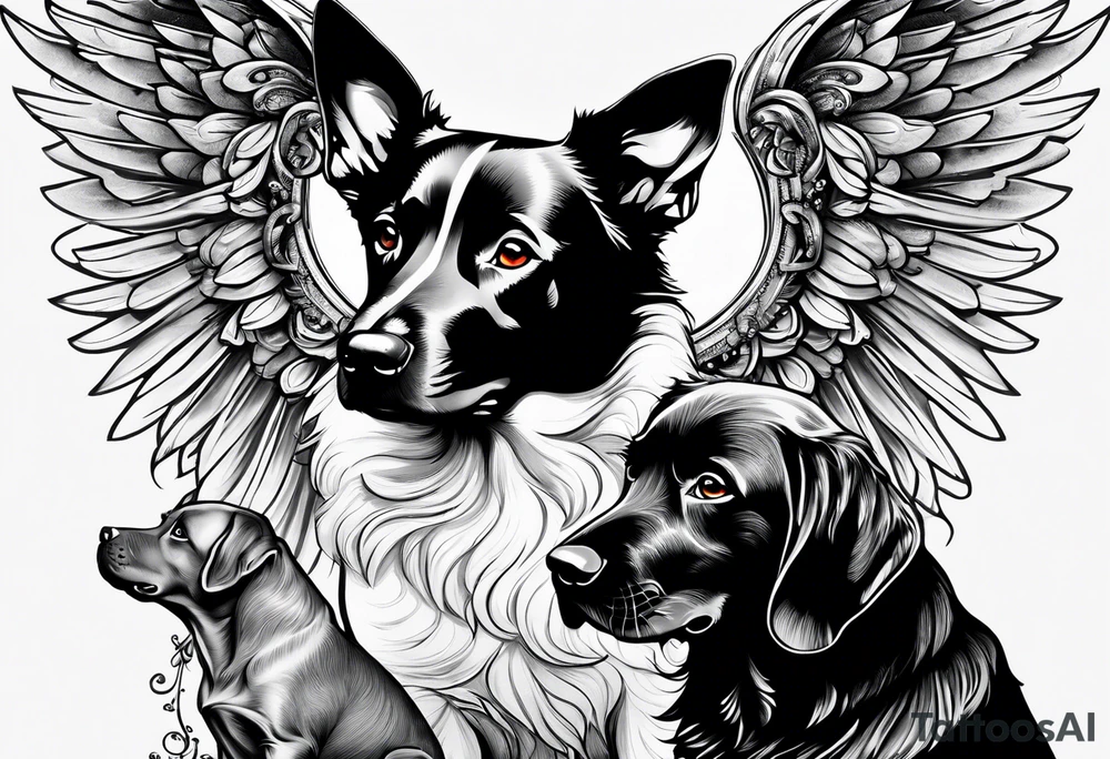 Black dog guarding human infants (the infants are angels) tattoo idea
