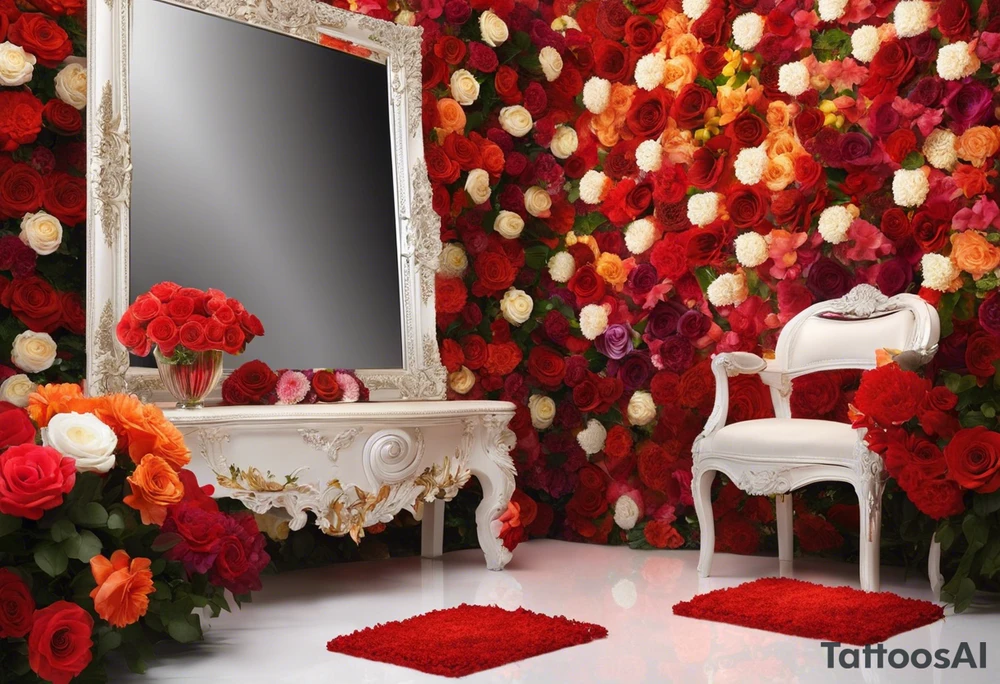 My idea is roughly a square mirror, surrounded by flowers. In the mirror, near the upper right corner, there is an eye (with a passionate, fiery feeling). The flowers are positioned in the upper left corner and the lower right corner. The floral arrangement would have leaves under the flowers, with a rose in the upper left and a daisy in the lower right. I'll add more details around the eye. I want the face to be very blurred, almost invisible, with only the eye being particularly clear, as if the entire face is backlit but the eye remains sharply in focus. Overall, I want to create the feeling that I am looking at this mirror. tattoo idea