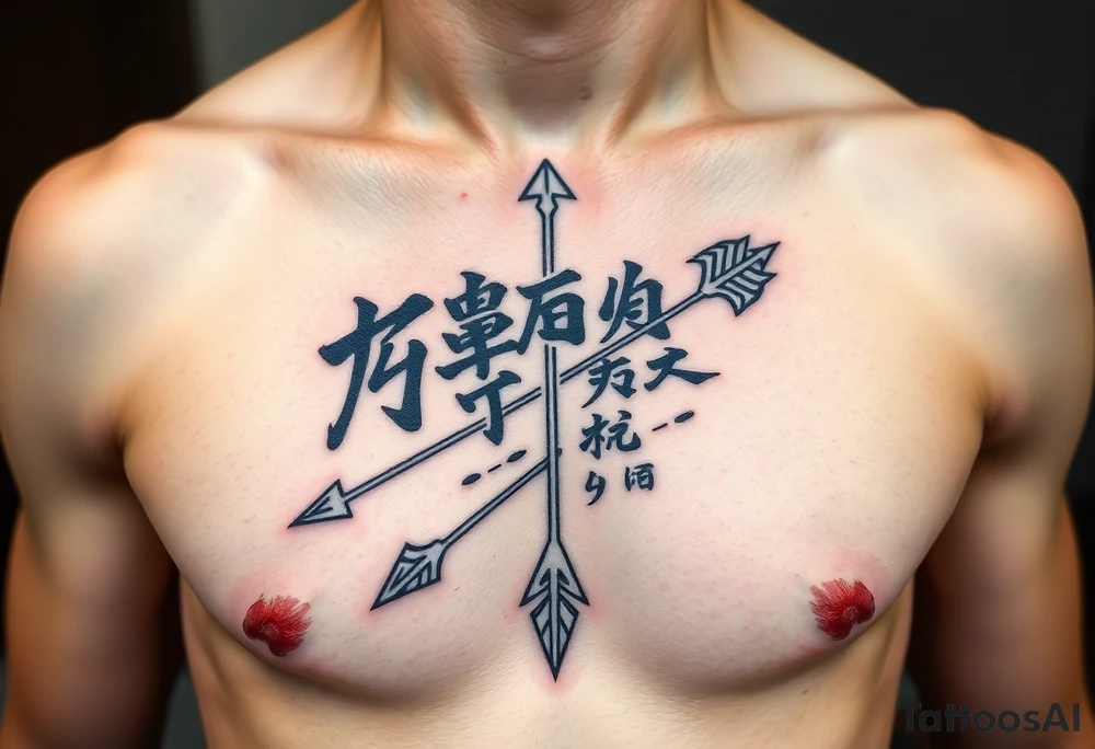 chest tattoo with japanese writing combined with bow and arrow tattoo idea