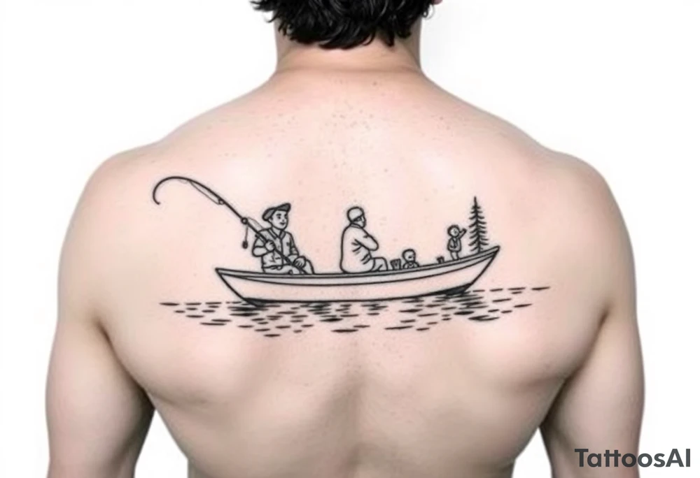 Dad fishing with 
1 daughter and 2 sons
With lake boat tattoo idea