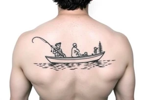 Dad fishing with 
1 daughter and 2 sons
With lake boat tattoo idea