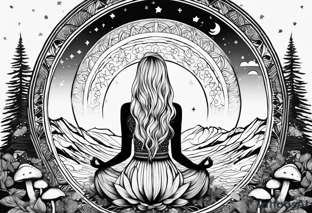 Straight blonde hair girl meditating facing away toward mountains surrounded by mushrooms crescent moon mandala circular design black and white striped dress tattoo idea