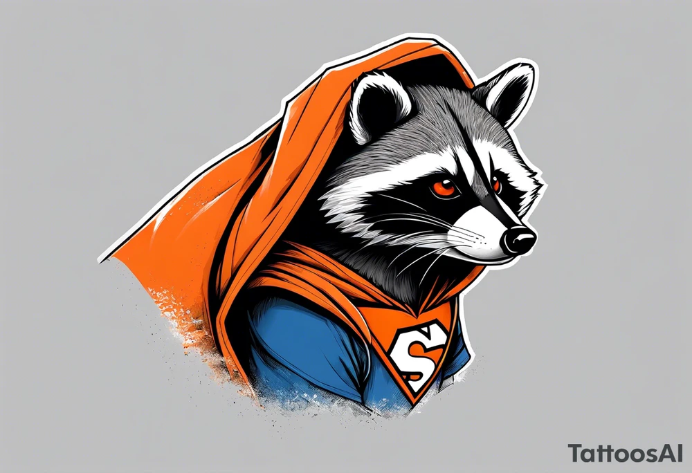 Raccoon wearing an orange Superman hoodie tattoo idea