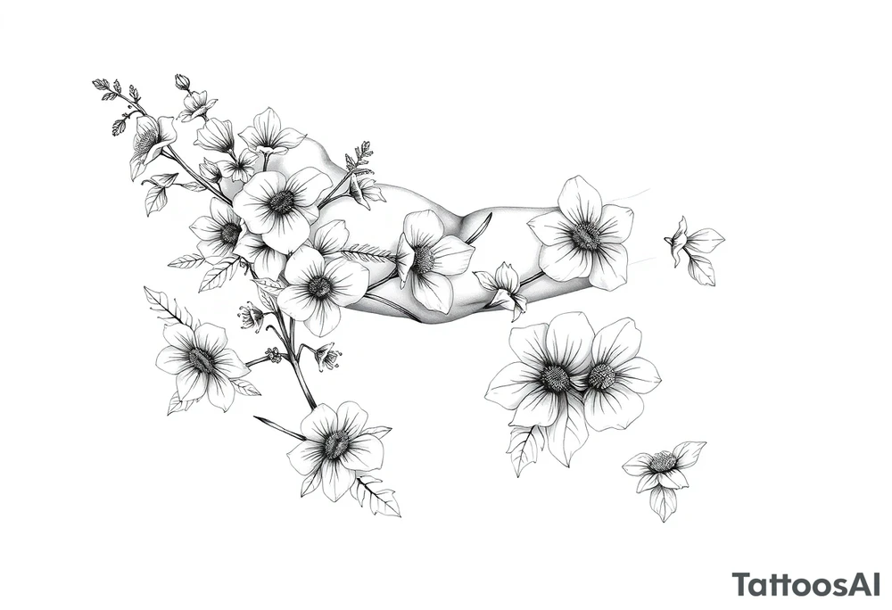 Full sleeve tattoo design of larkspur and hawthorn flowers, highly detailed line art, black ink, elegant botanical style, intertwined composition, no shading, no human mock-up, clean stencil style suitable for tattooing, fit fully within boundaries. LINE ART ONLY, REMOVE HUMAN, NO SKIN tattoo idea