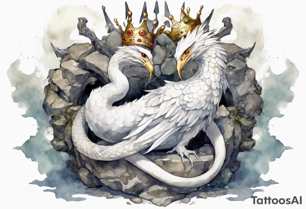 a white bird-serpent hybrid, wearing a pewter crown on its head, resting on a stone throne tattoo idea