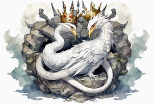 a white bird-serpent hybrid, wearing a pewter crown on its head, resting on a stone throne tattoo idea