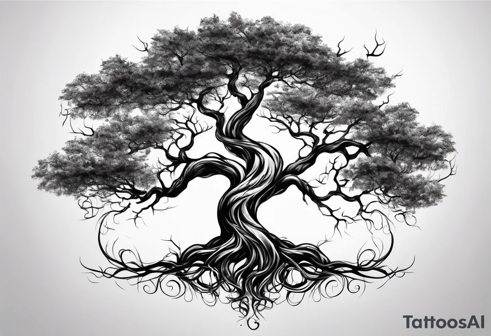 twisted tree with long roots and branches stencil for chest and collar bone tattoo idea