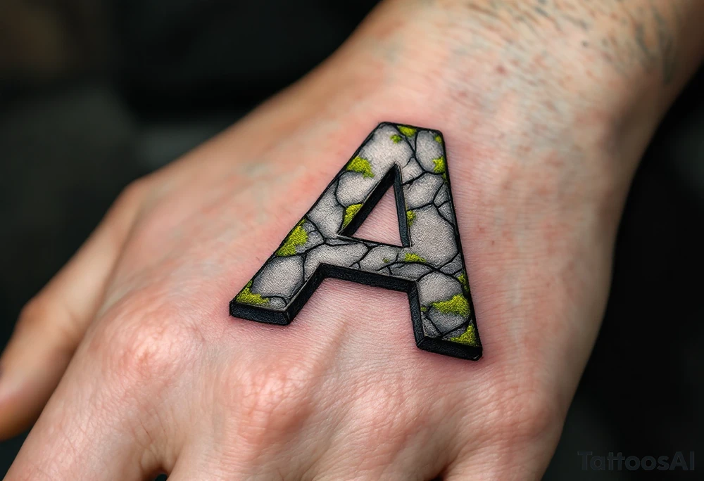 A cracked stone "A" in granite gray with mossy green details. tattoo idea