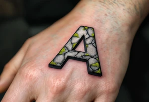 A cracked stone "A" in granite gray with mossy green details. tattoo idea