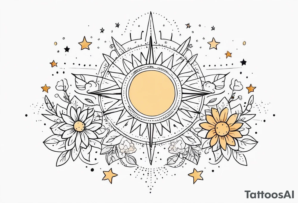 fine line with sun, stars, floral, dots. Sternum tattoo tattoo idea