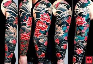 traditional irezumi full leg sleeve with the following elements: crane, cherry blossoms, and lotus flowers tattoo idea