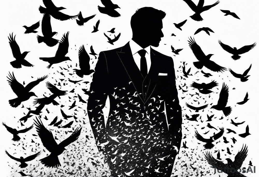 silhouette of a man wearing a suit morphing into a flock of birds tattoo idea