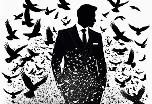 silhouette of a man wearing a suit morphing into a flock of birds tattoo idea