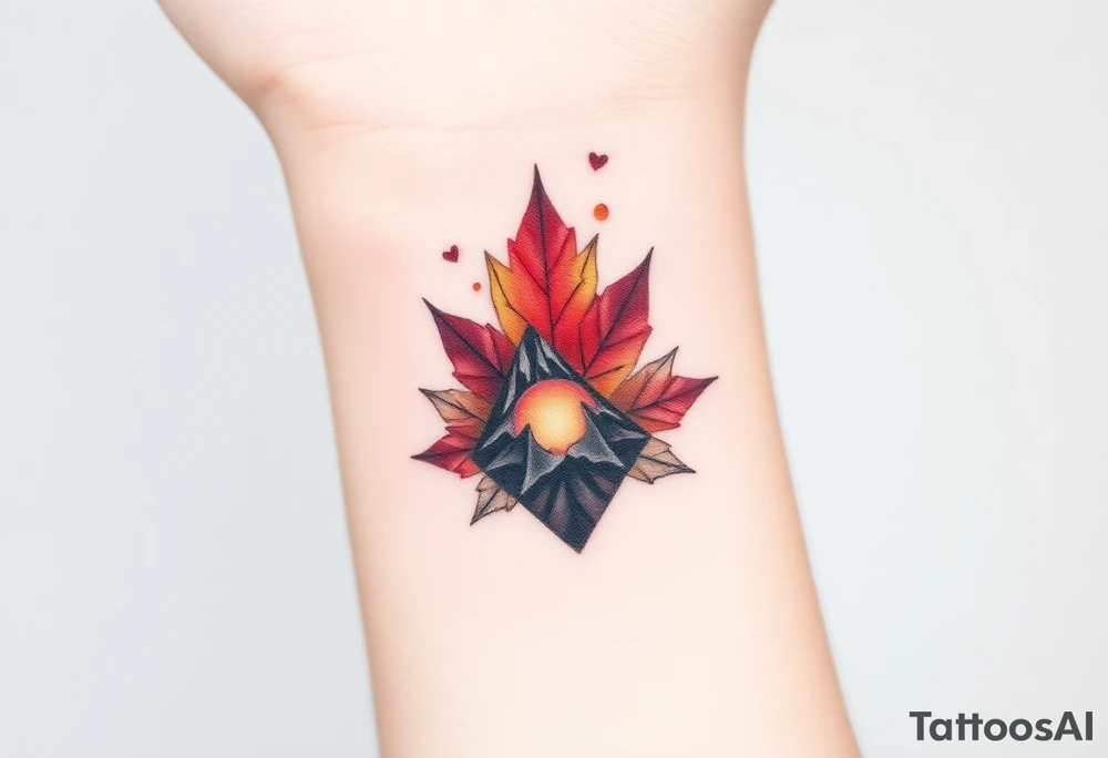 Female Geometric Volcano tattoo erupting in a heart. Maple leaf incorporated tattoo idea