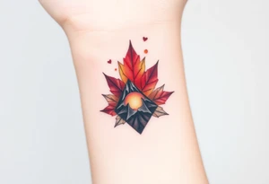 Female Geometric Volcano tattoo erupting in a heart. Maple leaf incorporated tattoo idea