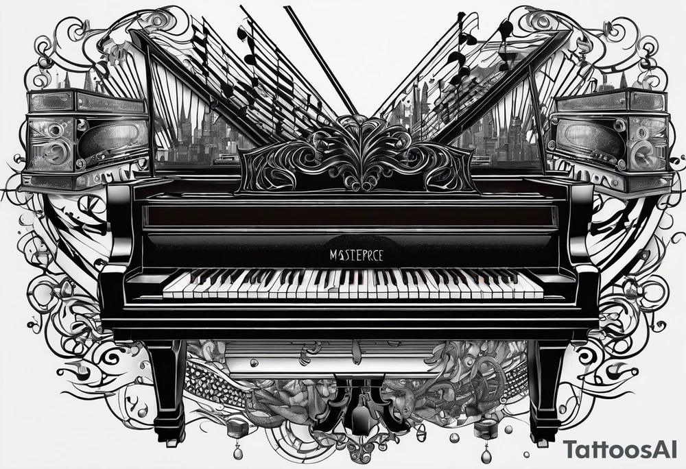 Lines and cables weave and interconnect the piano keys, drums, guitar, speakers, headphones, and cassette tapes. tattoo idea