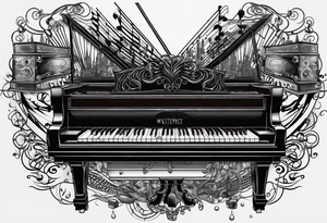 Lines and cables weave and interconnect the piano  keys, drums, guitar, speakers, headphones, and cassette tapes. tattoo idea