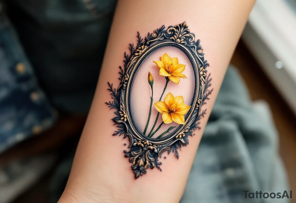 antique mirror with yellow narcissus in it tattoo idea