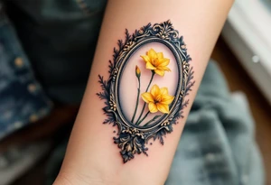 antique mirror with yellow narcissus in it tattoo idea