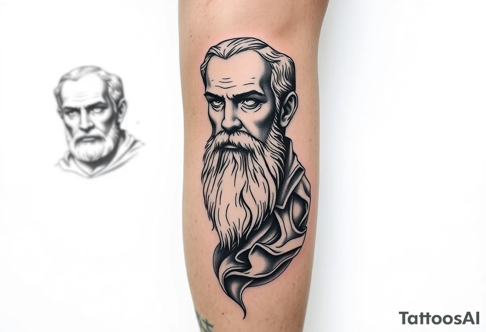 Platos, aristole, and socrates on the right side of the calf. Big and filling the whole calf vertically tattoo idea