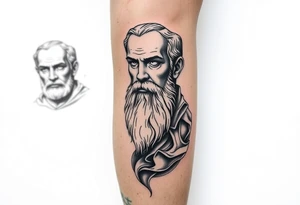 Platos, aristole, and socrates on the right side of the calf. Big and filling the whole calf vertically tattoo idea
