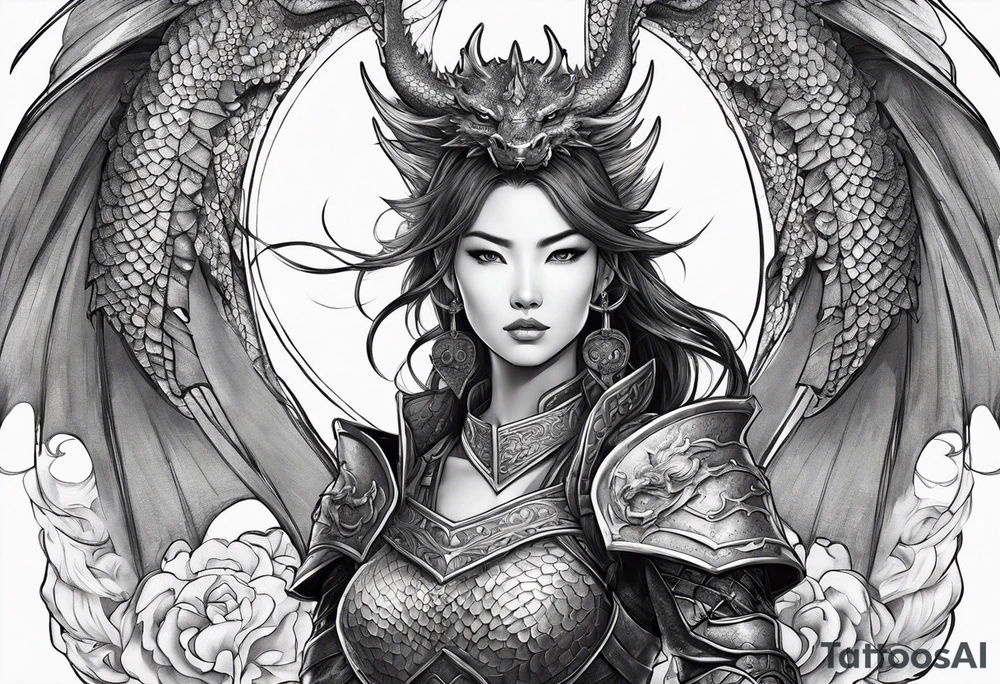beautiful warrior woman wearing dragon armor and a dragon flying tattoo idea