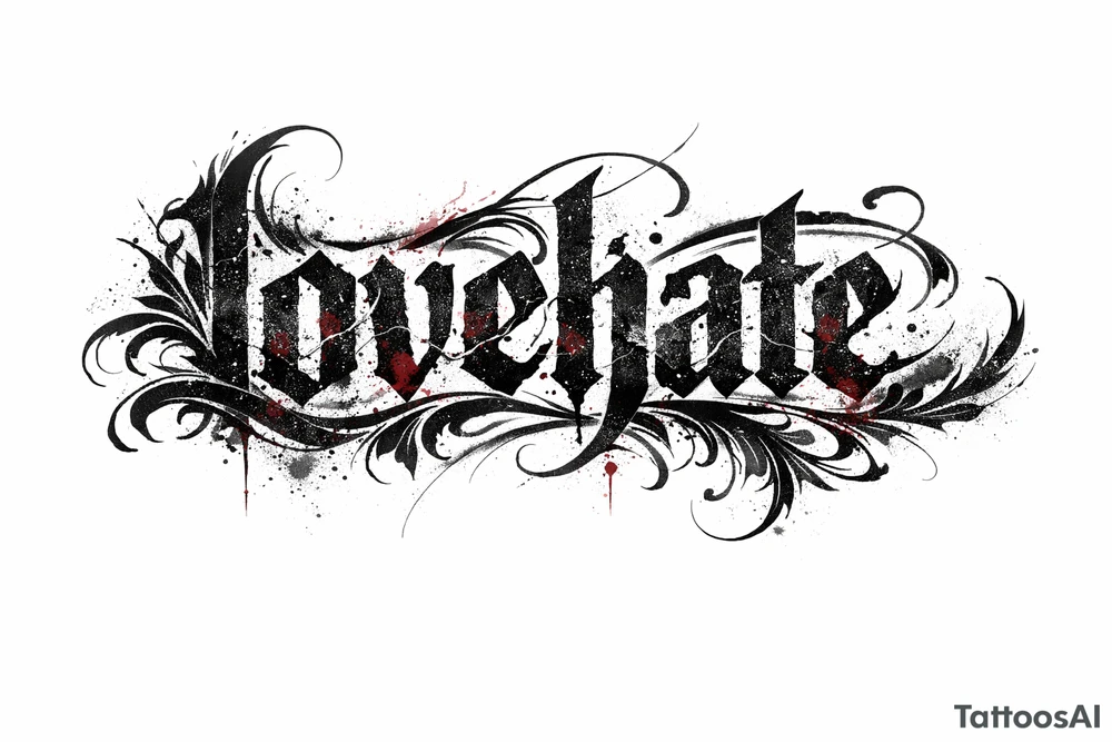 A single word 'lovehate' rendered in a distressed, textured font with hints of crimson and charcoal. tattoo idea