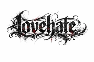 A single word 'lovehate' rendered in a distressed, textured font with hints of crimson and charcoal. tattoo idea