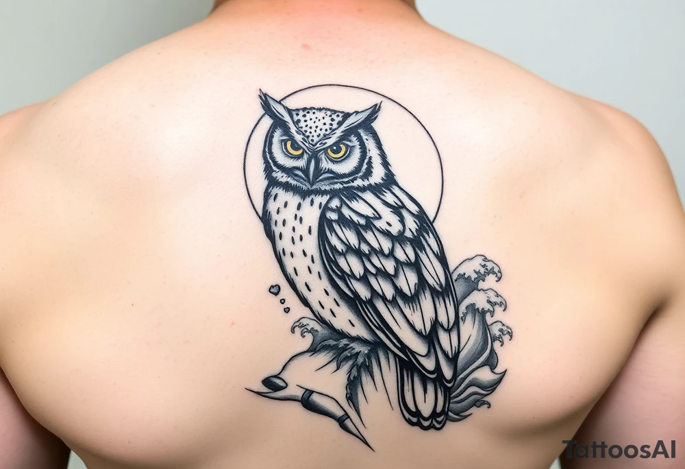 Masked owl overlooking a trench with waves in the background for the lateral part of the shoudler tattoo idea