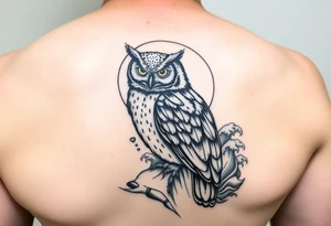 Masked owl overlooking a trench with waves in the background for the lateral part of the shoudler tattoo idea