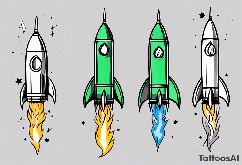 Simple cartoon rocket in green, gray, yellow, blue

Fire coming out the rocket

Black ring around the rocket with 26.2 written at the 10 o'clock position tattoo idea
