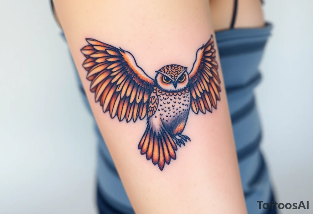 A mother owl spreading her wings next to her baby, with intricate feather detailing in deep brown and golden hues, symbolizing wisdom and protection tattoo idea