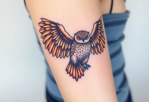 A mother owl spreading her wings next to her baby, with intricate feather detailing in deep brown and golden hues, symbolizing wisdom and protection tattoo idea