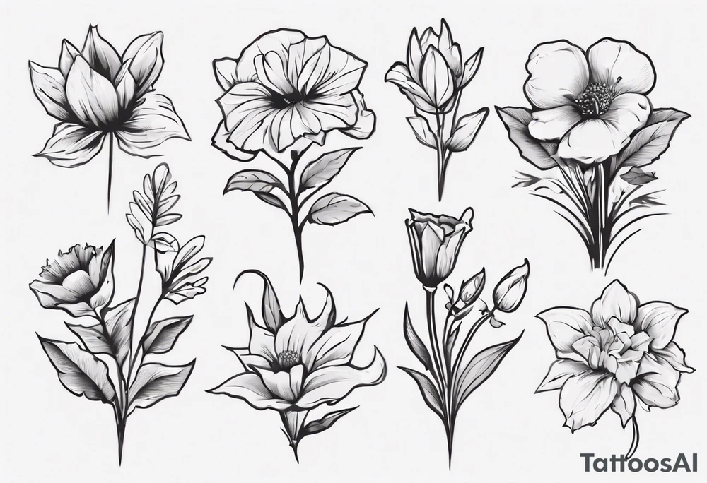 5 flower bouquet with 1 October flower, 1 may flower, 1 July flower, 1 January flower, and 1 September flower tattoo idea