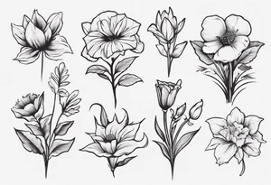 5 flower bouquet with 1 October flower, 1 may flower, 1 July flower, 1 January flower, and 1 September flower tattoo idea