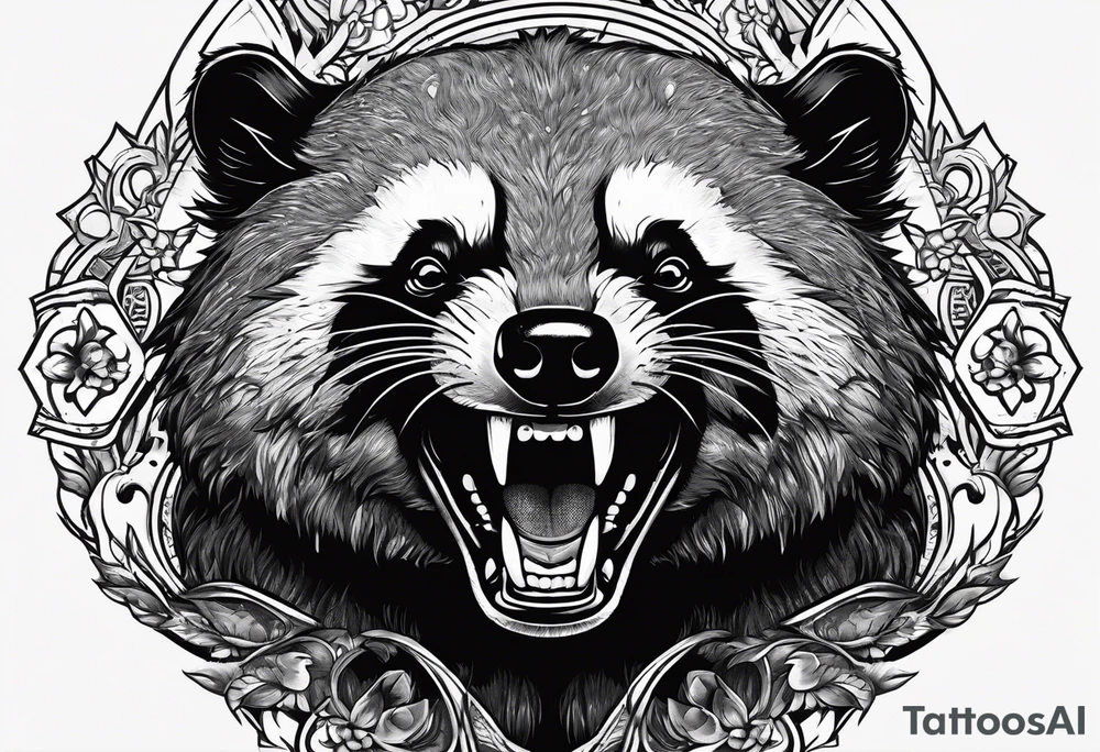 aggressive full body and killer face badger/wolverine with cute smile long nails and attacks like a gladiator tattoo idea